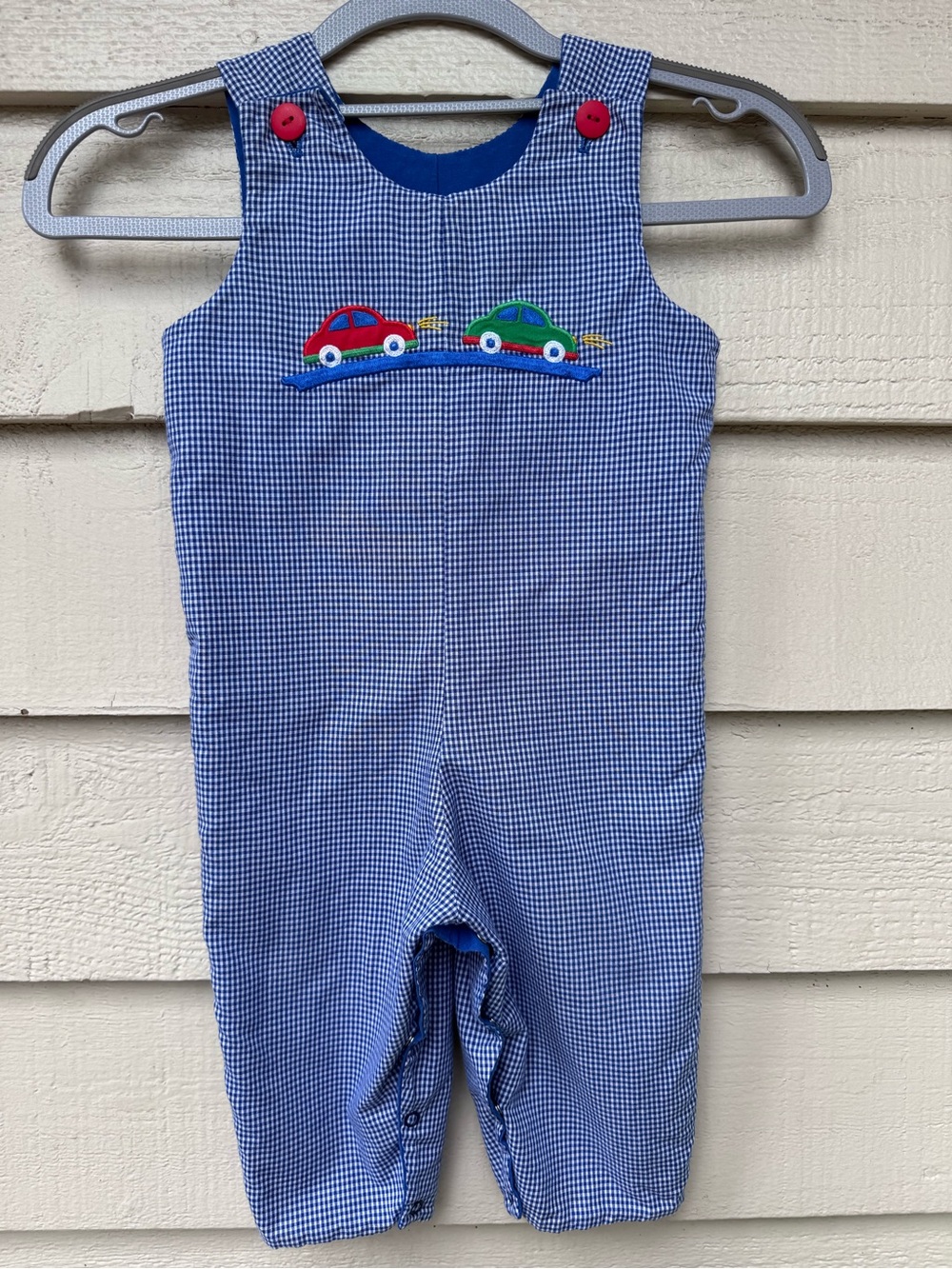 Boys Reversible Gingham Blue Christmas Cars Holiday Appliqué Longall Southern 2T